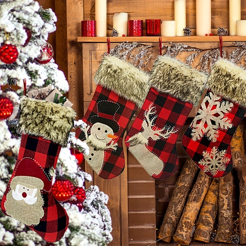 Large Buffalo Plaid Christmas Stockings With Faux Fur Cuff Santa Snowman Reindeer Snowflake Applique Rustic Holiday Home Decorations Gift Bags