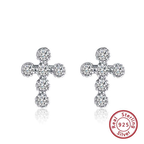 Orecchini a Bottone a Croce in Argento Sterling 925 per Donna con Zirconi Placcati in Platino Gioielli Classici Regalo