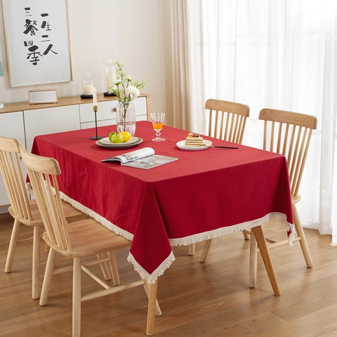 Solid Color Washed Cotton Tablecloth With Tassel Fringe Rectangle Table Cover For Dining Room Christmas Decor