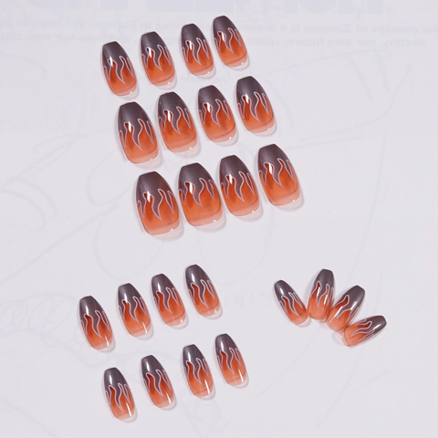 Faux Ongles À Presser Long Cercueil Dégradé Orange Gris Motif Flamme Imperméable Amovible Pour Femmes