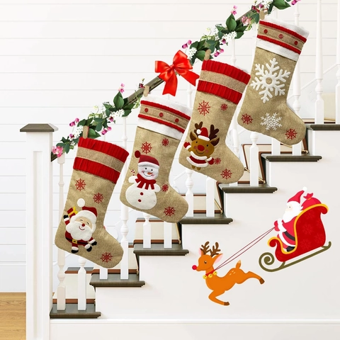 Christmas Stocking Linen Burlap Embroidered Santa Snowman Reindeer Hanging Gift Bag Holiday Fireplace Decoration