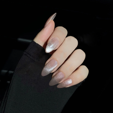 Uñas Postizas A Presión Larga Forma De Almendra Efecto Ojo De Gato Brillante Uñas Artificiales Nude Rosa Removibles Para Mujeres