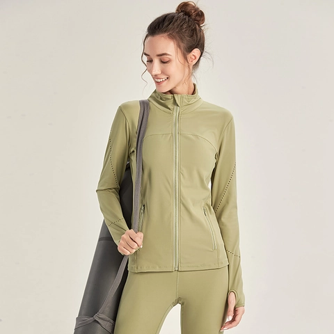 Women Yoga Jacket And Pants Nylon Spandex Full Zipper Stand Collar Thumbholes Laser Cut Perforated Slim Fit