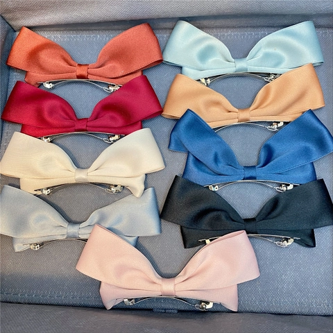 Large Satin Bow Hair Clip Elegant Ribbon Hairpins Solid Color Sweet Hair Barrettes Metal Base For Women Girls