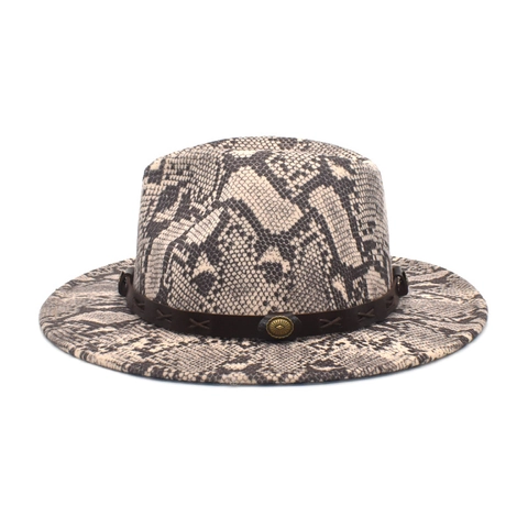 Vintage Snakeskin Print Fedora Hat Wide Brim Faux Wool Felt Jazz Cap With PU Leather Strap For Men Women