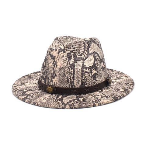 Vintage Snakeskin Print Fedora Hat Wide Brim Faux Wool Felt Jazz Cap With PU Leather Strap For Men Women