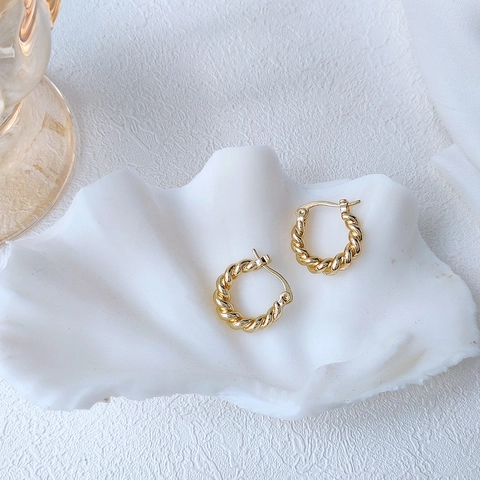 Twisted Hoop Ohrringe 14K Vergoldet Kupfer Geflochtene Seilstruktur Minimalistisch Klein Rund Schmuck Für Damen