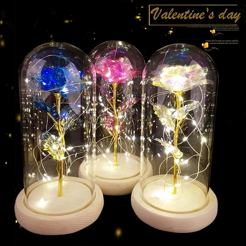 Rosa In Foglia D'oro Artificiale In Cupola Di Vetro Con Luci LED Base In Legno Regalo Romantico San Valentino