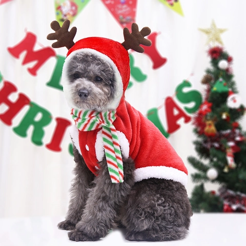 Christmas Pet Clothing For Dogs Cats Reindeer Santa Claus Costume Fleece Hoodie Cloak Winter Warm Holiday Party Outfits