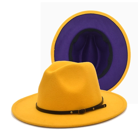 Fedora Hat Wide Flat Brim Two Tone Contrast Color Cotton Polyester Wool Felt Texture Leather Belt Decor Unisex Jazz Cap