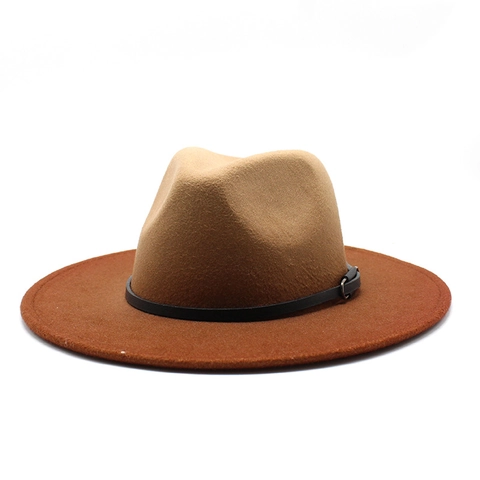 Vintage Wollen Vilt Fedora Hoed Brede Rand Gradiënt Britse Stijl Jazz Hoed Met Leren Band En Metalen Gesp