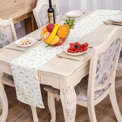 Christmas Table Runner White Faux Rabbit Fur Plush With Gold Bronzing Feather Pattern Elegant Holiday Dining Decor