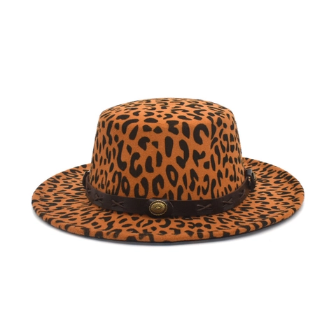 Vintage Leopard Print Flacher Filzhut Wollfilz Boater Hut Breite Krempe Jazz Fedora Mit Lederband Metallschließe