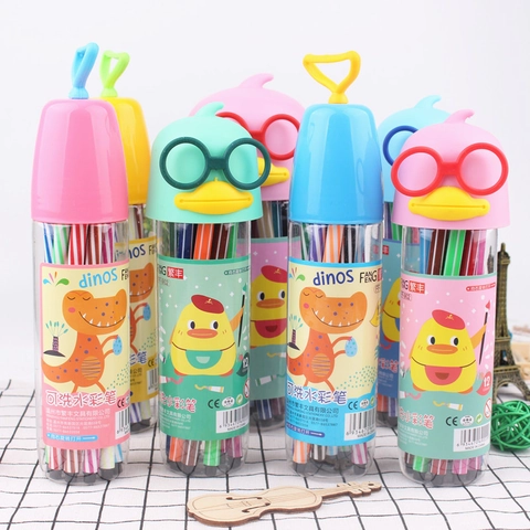 Washable Watercolor Pens Multicolor Art Painting Markers With Cartoon Animal Caps Striped Plastic Barrel For Kids Drawing