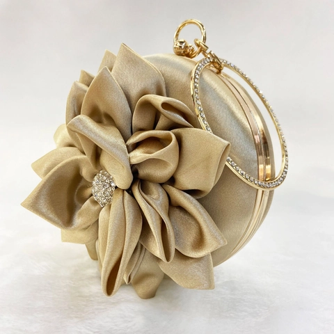 Elegant 3D Flower Evening Bag Round Satin Clutch With Rhinestone Metal Ring Handle For Women Wedding Banquet Party