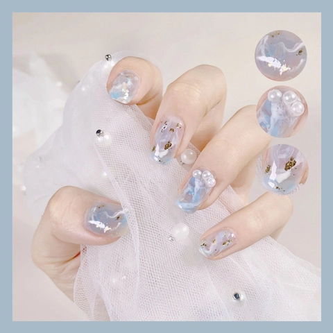 Light Blue Marble Press On Nails With Gold Foil And Artificial Pearl Decor Square Round Elegant Fake Nails