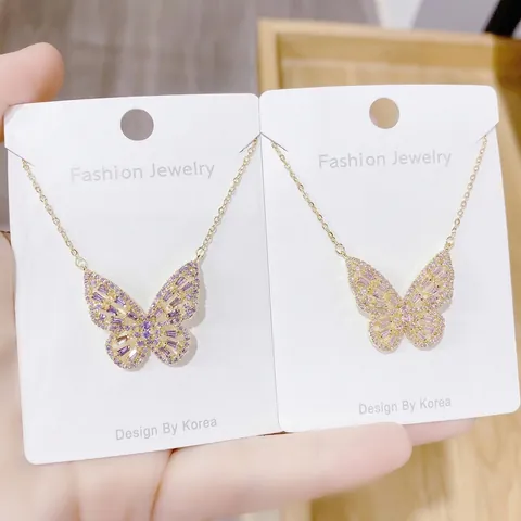 Butterfly Pendant Necklace For Women Copper Gold Plated With Colorful Cubic Zirconia Hollow Design Clavicle Chain