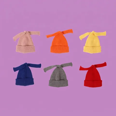Kids Knit Beanie Hat Acrylic Warm Ribbed Rabbit Ears Bow Tie Cuffed Winter Outdoor Solid Color Soft For Children