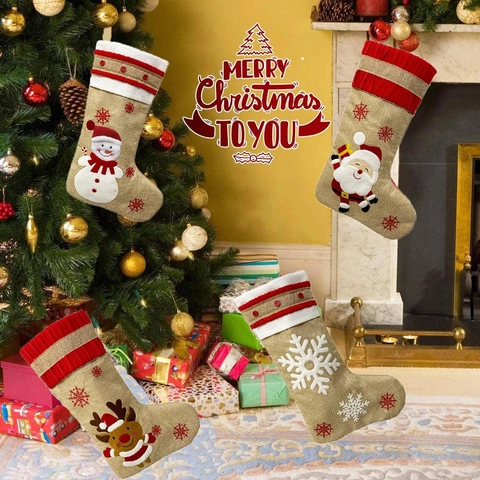 Christmas Stocking Linen Burlap Embroidered Santa Snowman Reindeer Hanging Gift Bag Holiday Fireplace Decoration