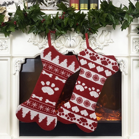 Christmas Bone Stocking Knitted Wool Paw Print Snowflake Fireplace Hanging Gift Bag Pet Holiday Ornament Red White