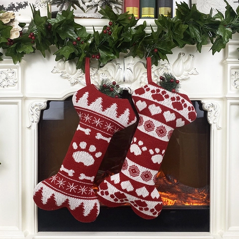 Christmas Bone Stocking Knitted Wool Paw Print Snowflake Fireplace Hanging Gift Bag Pet Holiday Ornament Red White