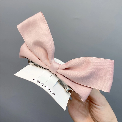 Large Satin Bow Hair Clip Elegant Ribbon Hairpins Solid Color Sweet Hair Barrettes Metal Base For Women Girls