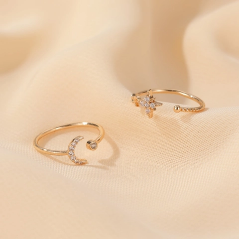 Adjustable Star Moon Open Ring Copper Gold Plated White Zirconia Micro Inlaid Elegant Celestial Jewelry For Women