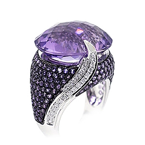 Bague Cocktail Femme Grand Zircon Violet Ovale Base Cuivre Pavé Pierres Violettes Blanches Couleur Argent Bijoux