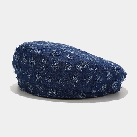 Retro Gewassen Denim Baret Voor Dames Distressed Gescheurd Sterrenpatroon Schildersmuts Winter Warm Streetwear