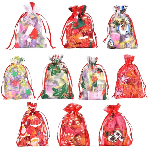 Organza Drawstring Bags Christmas Bronzing Pattern Gift Jewelry Packaging Pouches Transparent Holiday Candy Treat Bags