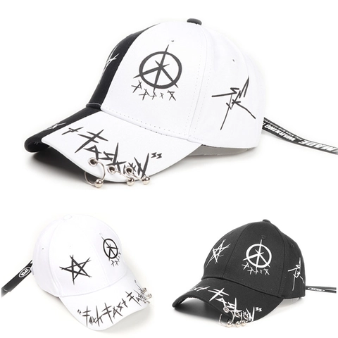 Berretto Da Baseball Hip Hop Cotone Stampa Stella Anelli Metallici Nastro Lungo Streetwear Punk Regolabile Unisex