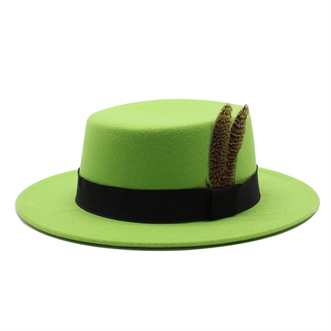 Flat Top Boater Hat Vintage Wool Felt Wide Brim British Style Feather Decor Retro Elegant Unisex