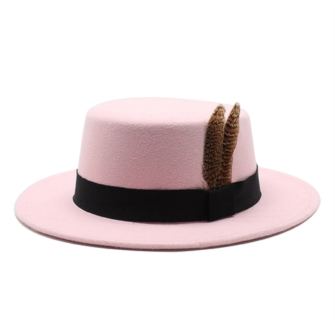 Flat Top Boater Hat Vintage Wool Felt Wide Brim British Style Feather Decor Retro Elegant Unisex