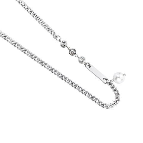 Titanium Steel Cuban Chain Necklace With Artificial Pearl And Rectangle Pendant Rhinestone Inset Mix Match Jewelry For Men Women