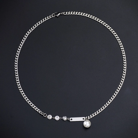 Titanium Steel Cuban Chain Necklace With Artificial Pearl And Rectangle Pendant Rhinestone Inset Mix Match Jewelry For Men Women
