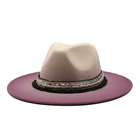 Wide Brim Fedora Hat Wool Felt Two Tone Ethnic Band With Sequins And Tassels Bohemian Vintage Jazz Hat For Women Men