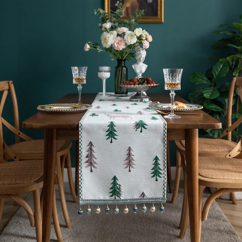 Chemin De Table En Chenille Jacquard Avec Glands Motifs Renne Sapin Et Fleurs Pour Décoration De Table De Noël Maison