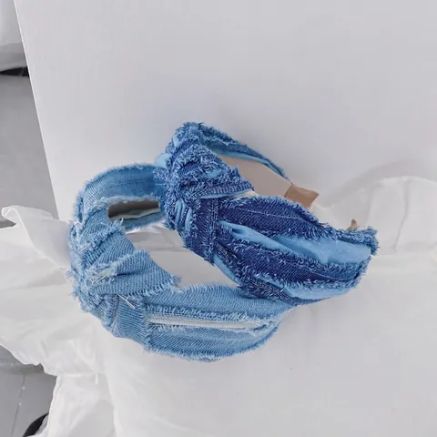 Knotted Denim Fabric Headband Wide Frayed Edge Hairband Retro Wash Denim Hair Accessories For Women Daily Casual Style
