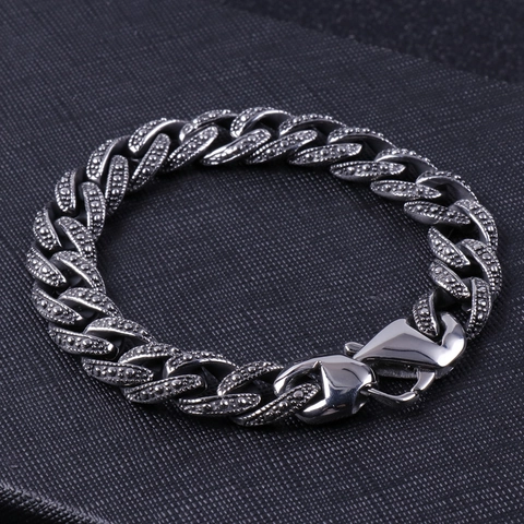 Bracelet Gourmette Homme Acier Inoxydable 316L Finition Argent Vintage Texture Granulée Bijoux Punk Hip Hop