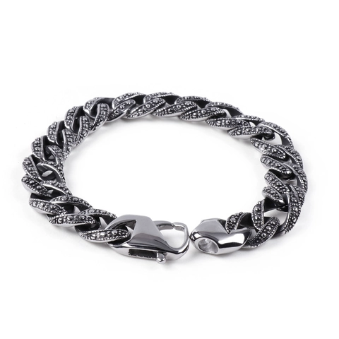 Bracelet Gourmette Homme Acier Inoxydable 316L Finition Argent Vintage Texture Granulée Bijoux Punk Hip Hop