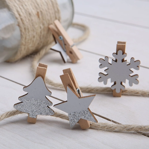 Mollette Decorative In Legno Forme Albero Di Natale Fiocco Di Neve Stella Glitter Argento Mini Clip Foto Memo Decorazione