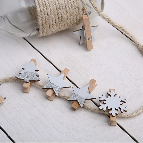 Mollette Decorative In Legno Forme Albero Di Natale Fiocco Di Neve Stella Glitter Argento Mini Clip Foto Memo Decorazione