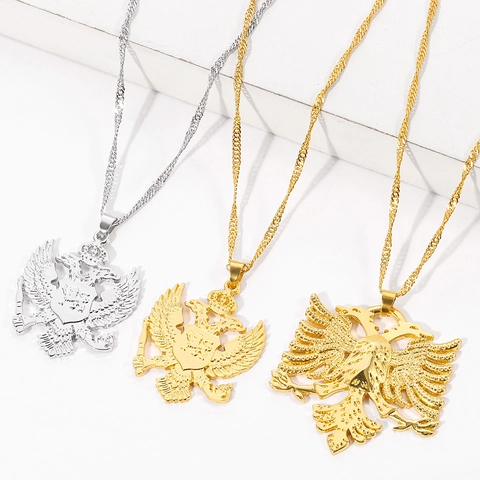 Double Headed Eagle Pendant Necklace Albania Montenegro Heraldic Symbol Zinc Alloy Plated Jewelry For Men Women