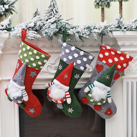 3D Gnome Christmas Stocking Faux Fur Non-Woven Fabric Polka Dot Snowflake Decoration Candy Gift Bag For Christmas Tree Party