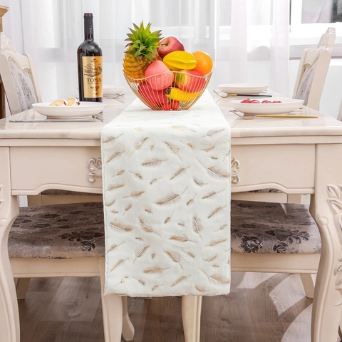Christmas Table Runner White Faux Rabbit Fur Plush With Gold Bronzing Feather Pattern Elegant Holiday Dining Decor