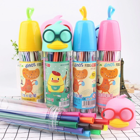 Washable Watercolor Pens Multicolor Art Painting Markers With Cartoon Animal Caps Striped Plastic Barrel For Kids Drawing