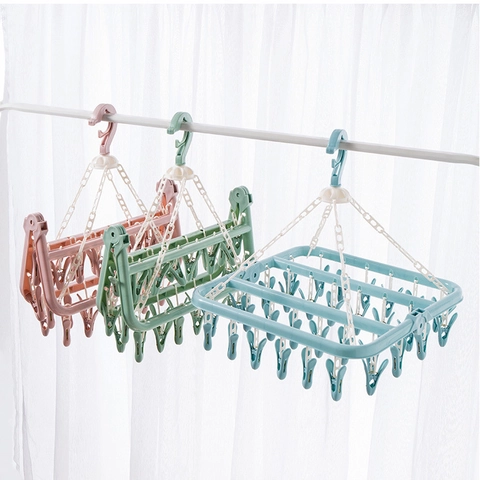 Plastic Folding Drying Rack Hanger With Multiple Clips Windproof Rotating Hook For Socks Underwear Laundry Accessories