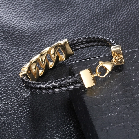 Bracciale Da Uomo In Pelle Intrecciata Con Catena In Acciaio Inossidabile Dorato Gioielli Punk