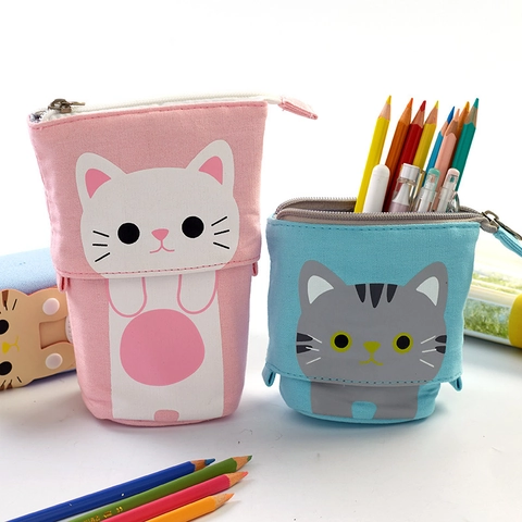 Retractable Pencil Case Canvas Telescopic Standing Pen Holder Large Capacity Cute Cartoon Animal Student Stationery Bag
