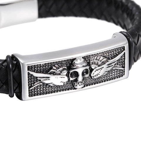 Bracciale Uomo Pelle Intrecciata Acciaio Inossidabile Rilievo Teschio Ala Punk Rock Retrò Gioielli Accessorio